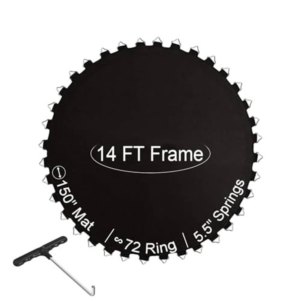 Black circular trampoline replacement mat with V-rings and included metal spring tool