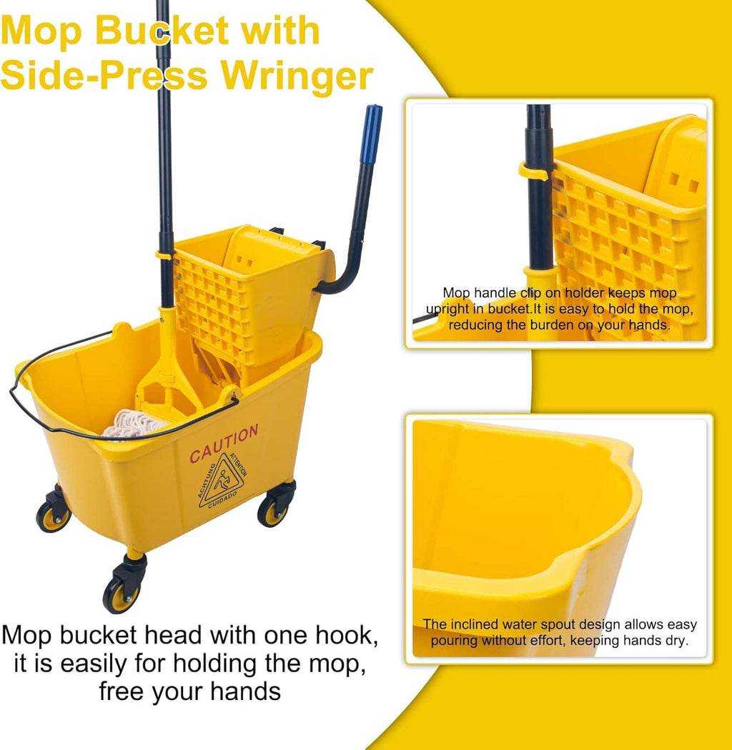 Yellow mop bucket with side-press wringer, mop head holder and water spout