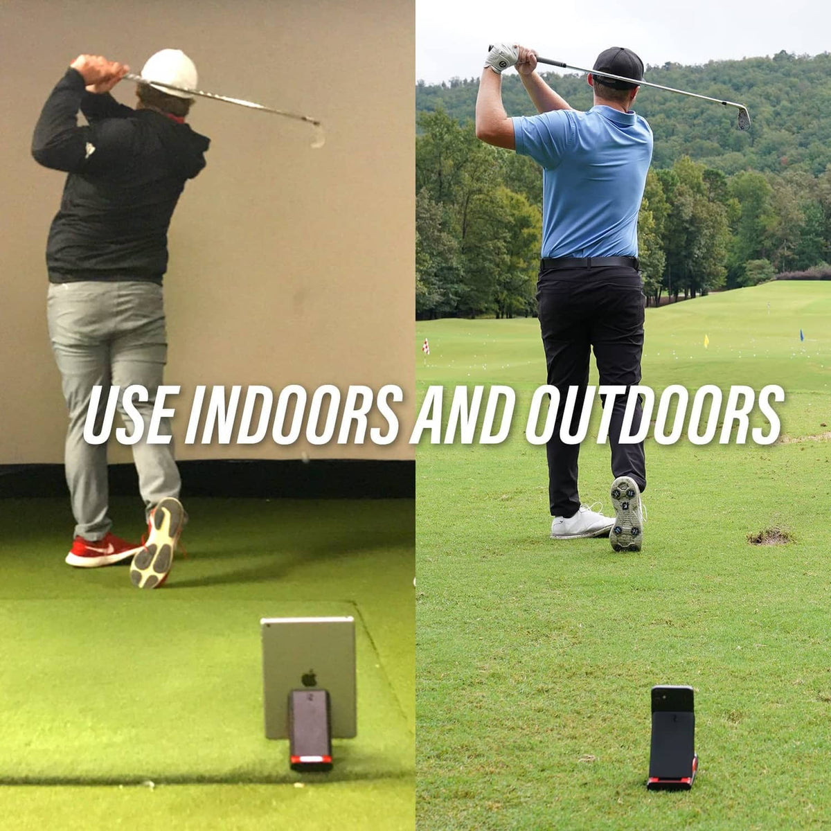 Mobile golf launch monitor units on turf with smartphone in a stand for indoor or outdoor use