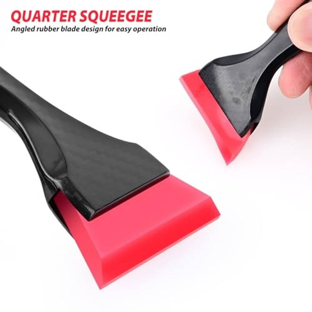 Angled quarter squeegee for window tint, black blade with red rubber edge