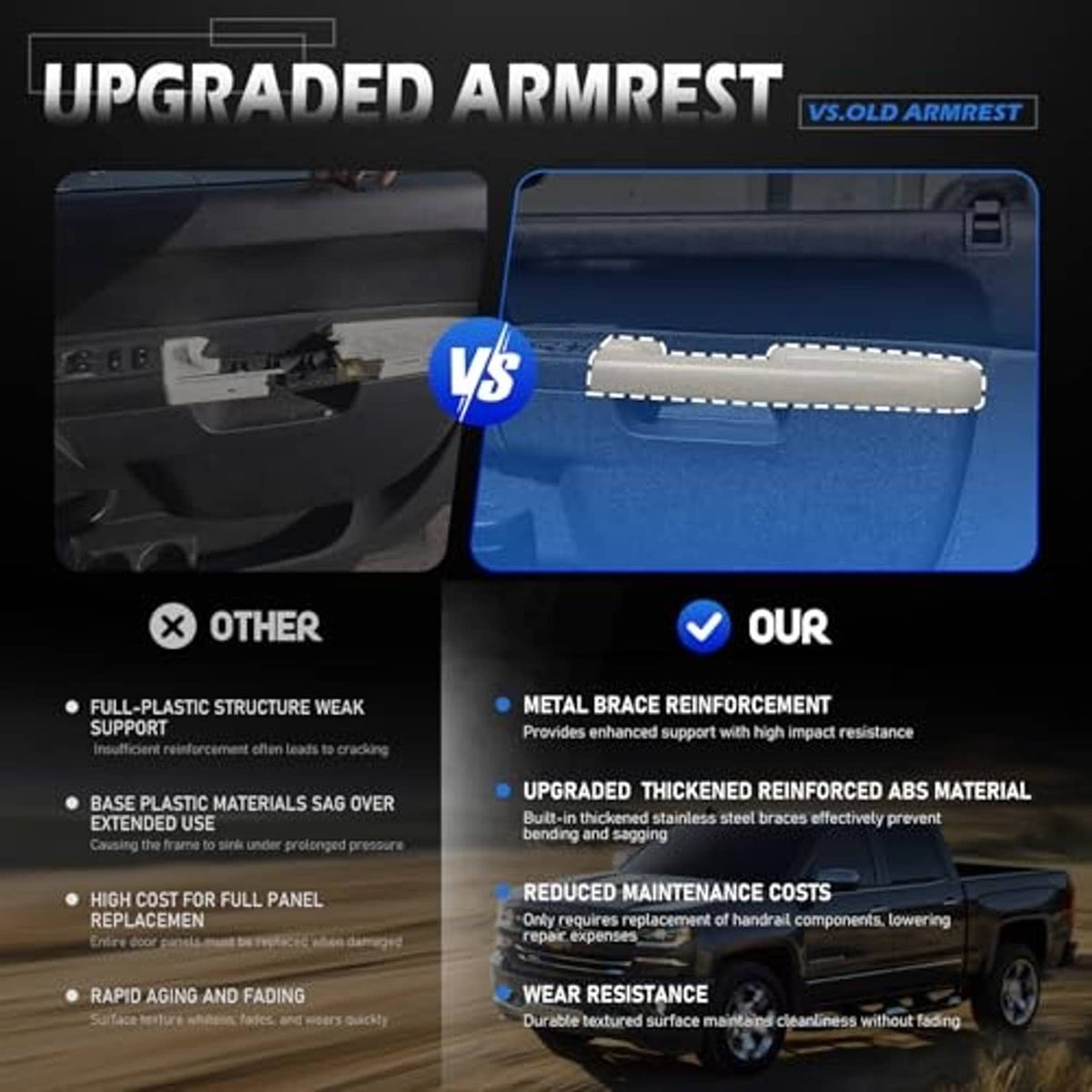 Upgraded armrest repair kit comparison graphic showing reinforced gray armrest components