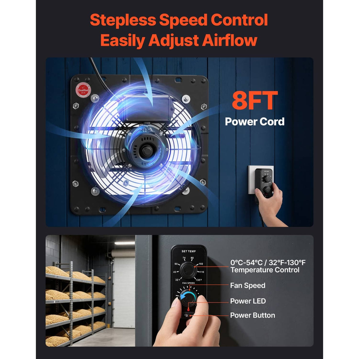 Wall exhaust fan with shutter louvers and speed control knob, black steel housing.