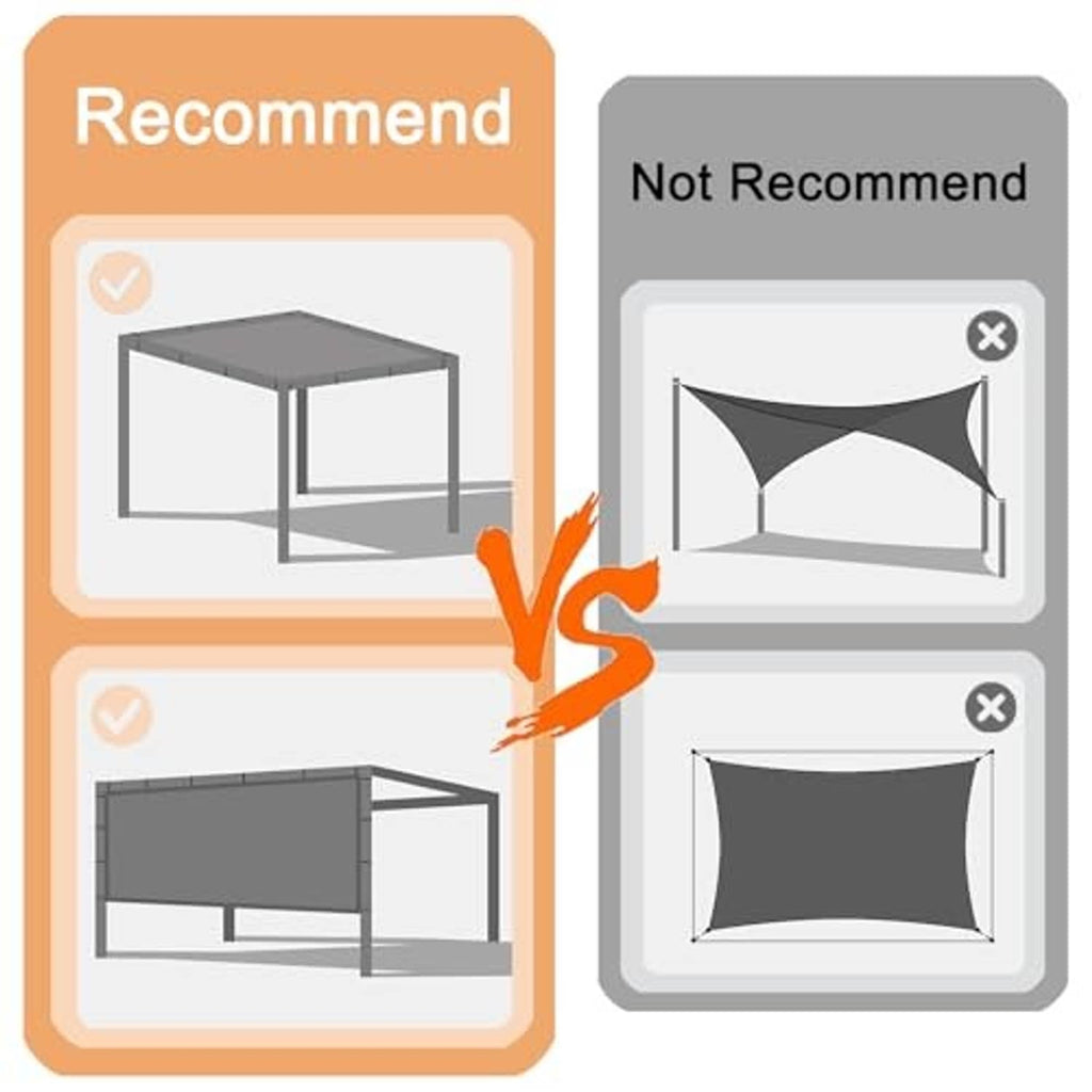 Sun shade cloth installation guide showing recommended and not recommended mounting setups
