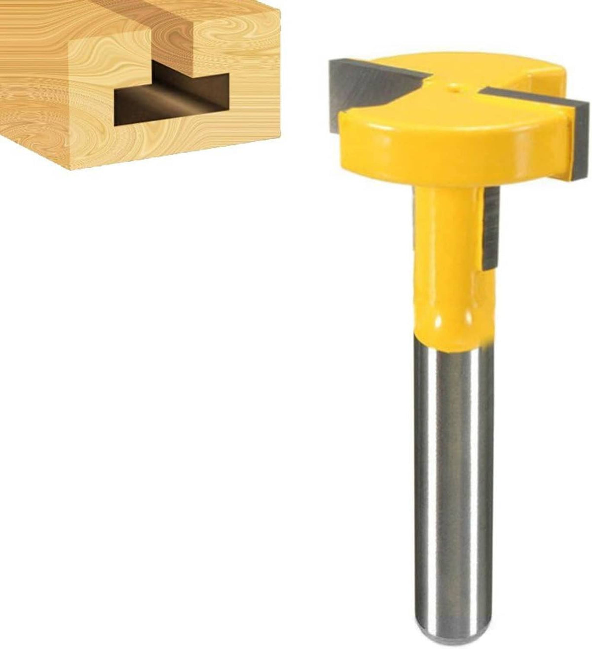 1/4-inch shank T-slot router bit with yellow head and silver straight carbide edges