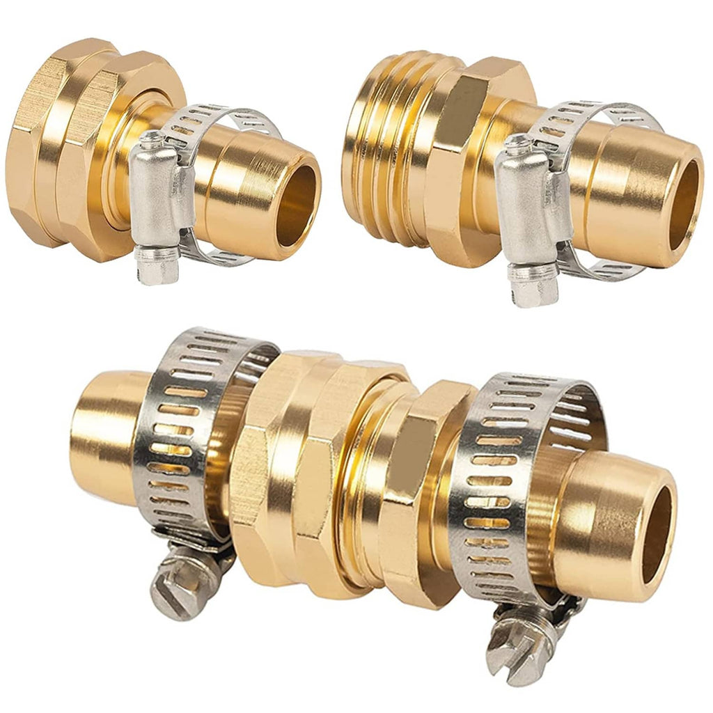 Gold garden hose repair connector pair with metal band clamps and threaded ends