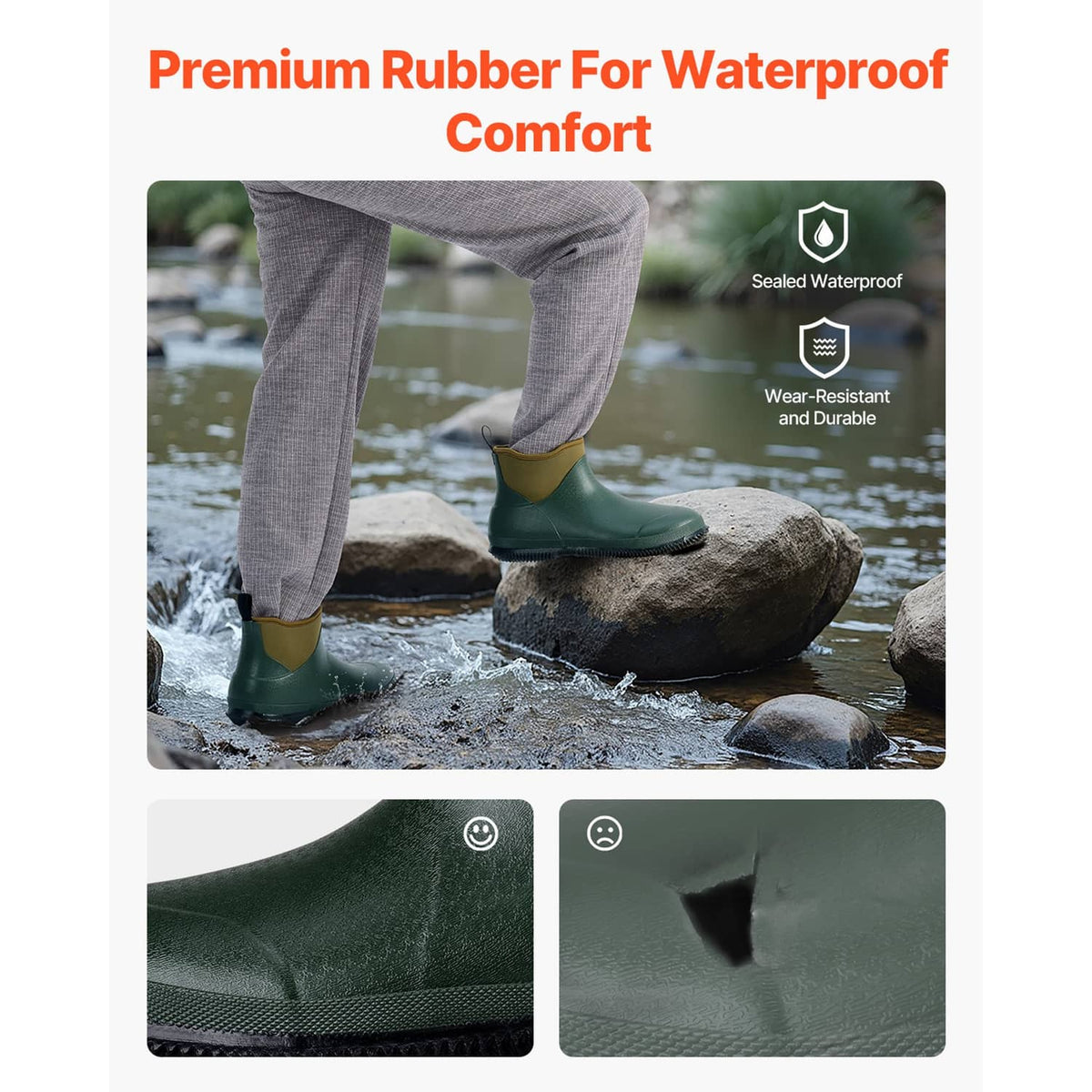 Waterproof dark green deck boots with textured tread sole, standing on wet rocks
