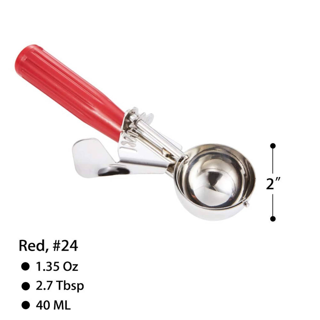 Red #24 cookie scoop with stainless bowl and lever handle, 2 in length