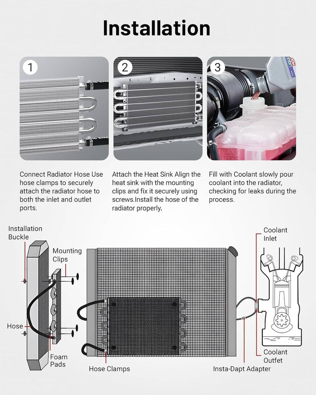 Universal oil cooler radiator kit installation view with heat exchanger and hose lines