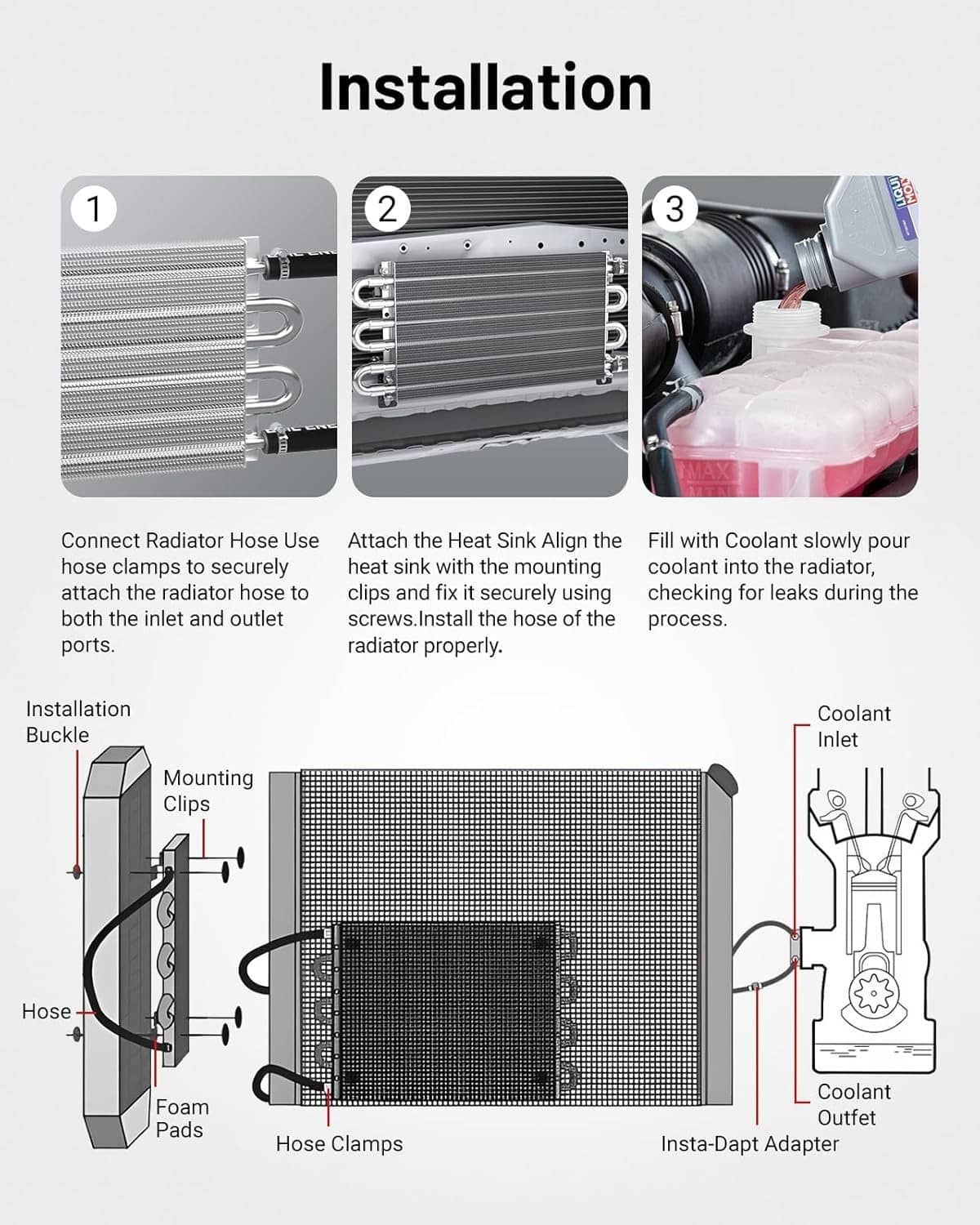 Universal oil cooler radiator kit installation view with heat exchanger and hose lines