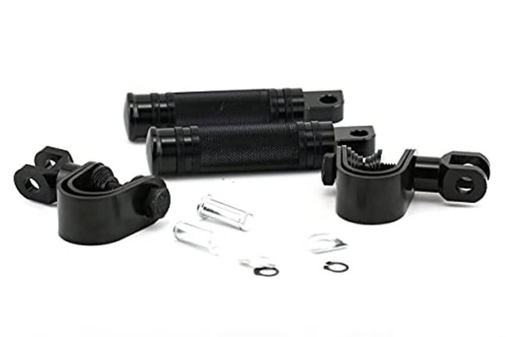 Motorcycle highway peg kit with two pegs, brackets, and small hardware pieces