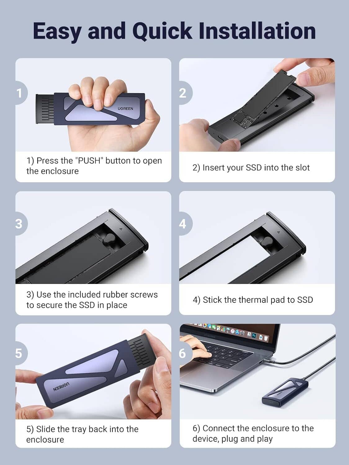 UGREEN M.2 NVMe SSD enclosure with step-by-step quick installation guide