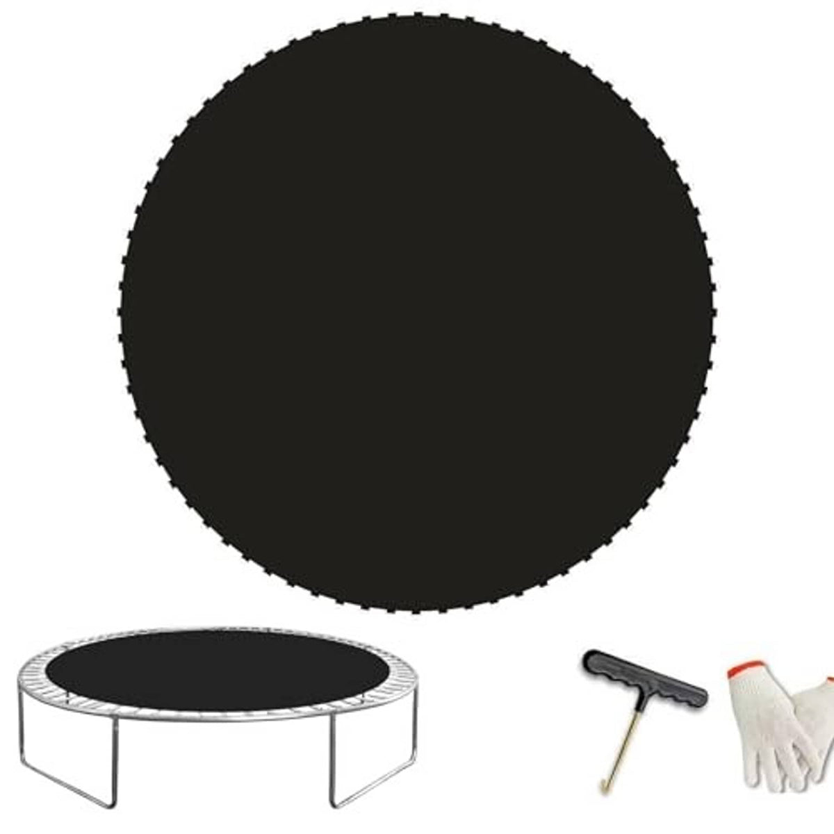 Black trampoline jumping mat with metal frame supports and included glove, tool