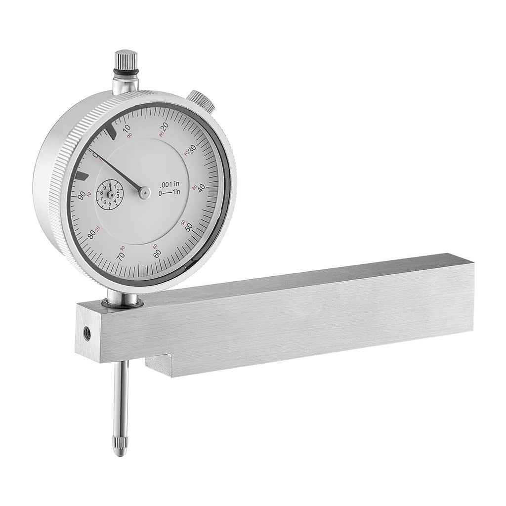 Dial test indicator on metal base with round dial face and extending probe