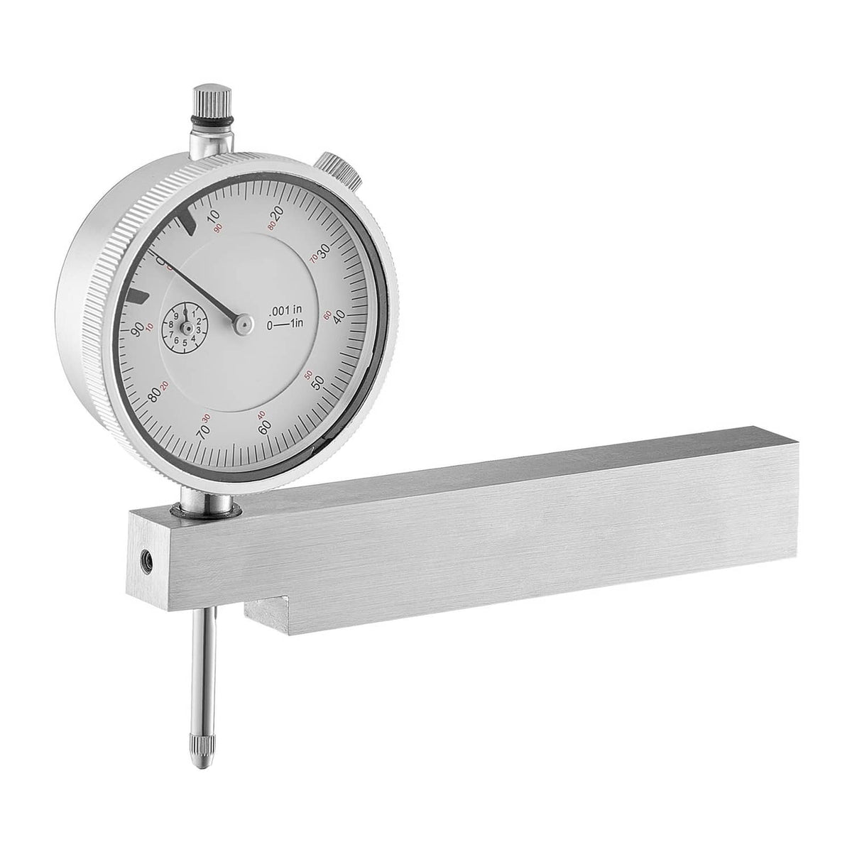 Dial test indicator on metal base with round dial face and extending probe
