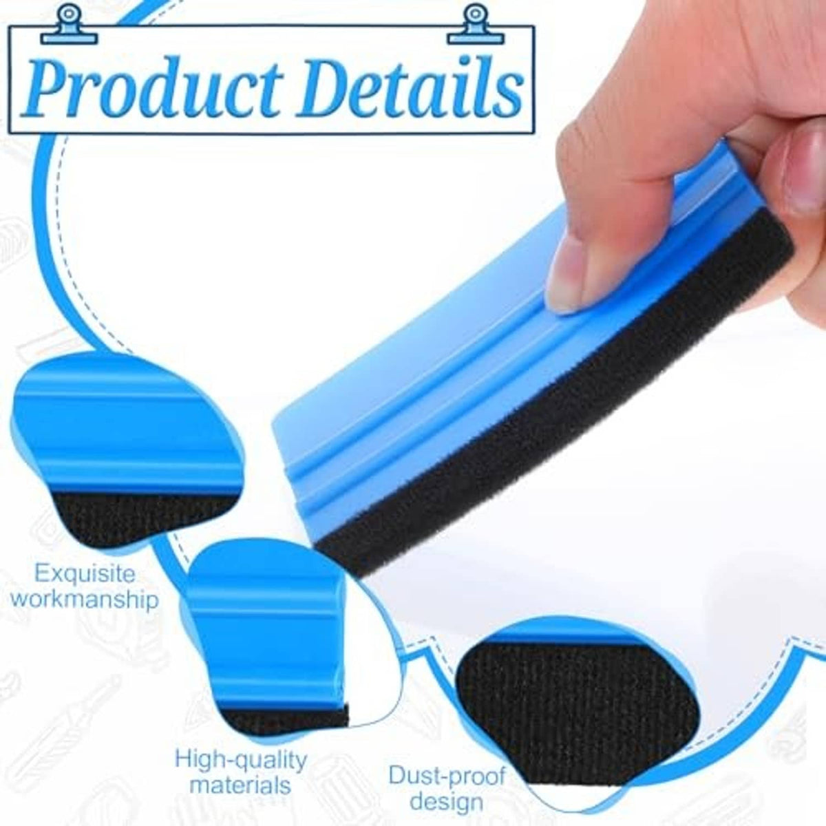 Close-up of felt-edge vinyl squeegee, blue plastic handle with black textured felt pad