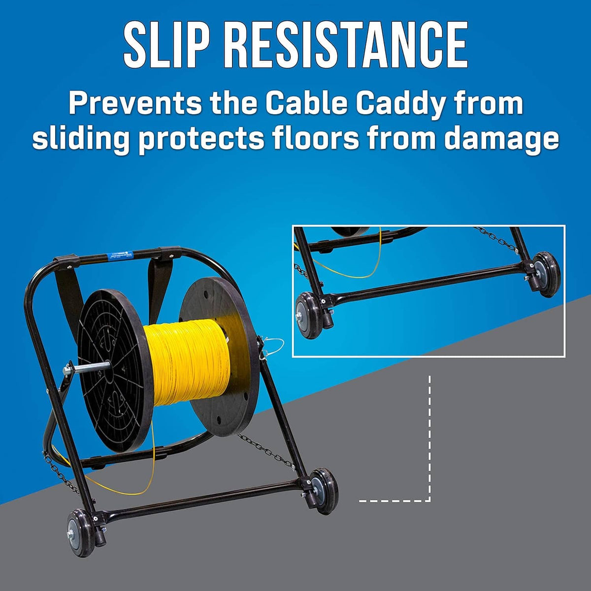 Cable caddy with yellow spool and chain, shown with wheel base for slip resistance
