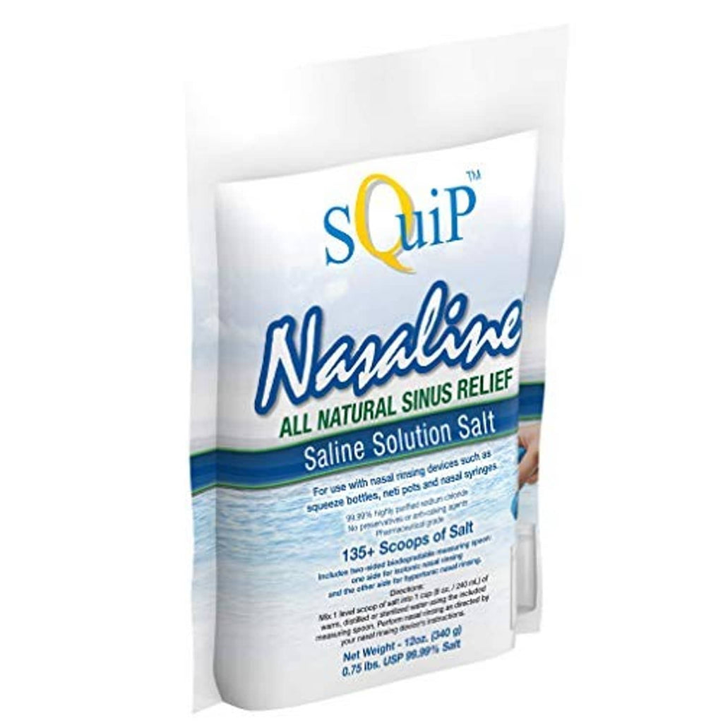 Saline solution salt pouch with Nasaline label and side hanging tab