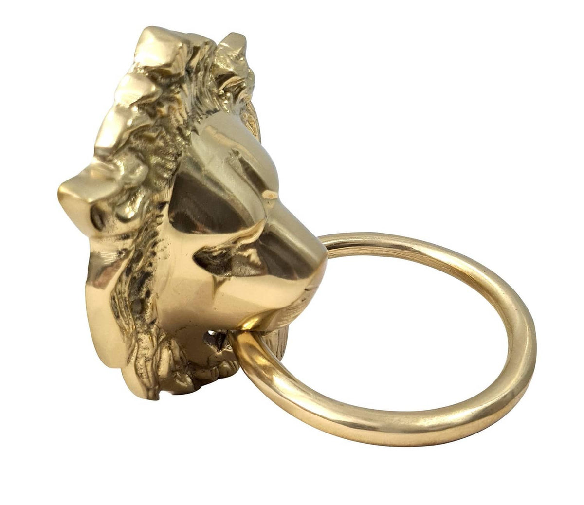 Gold-tone lion door knocker with curved ring handle and sculpted lion-head backplate