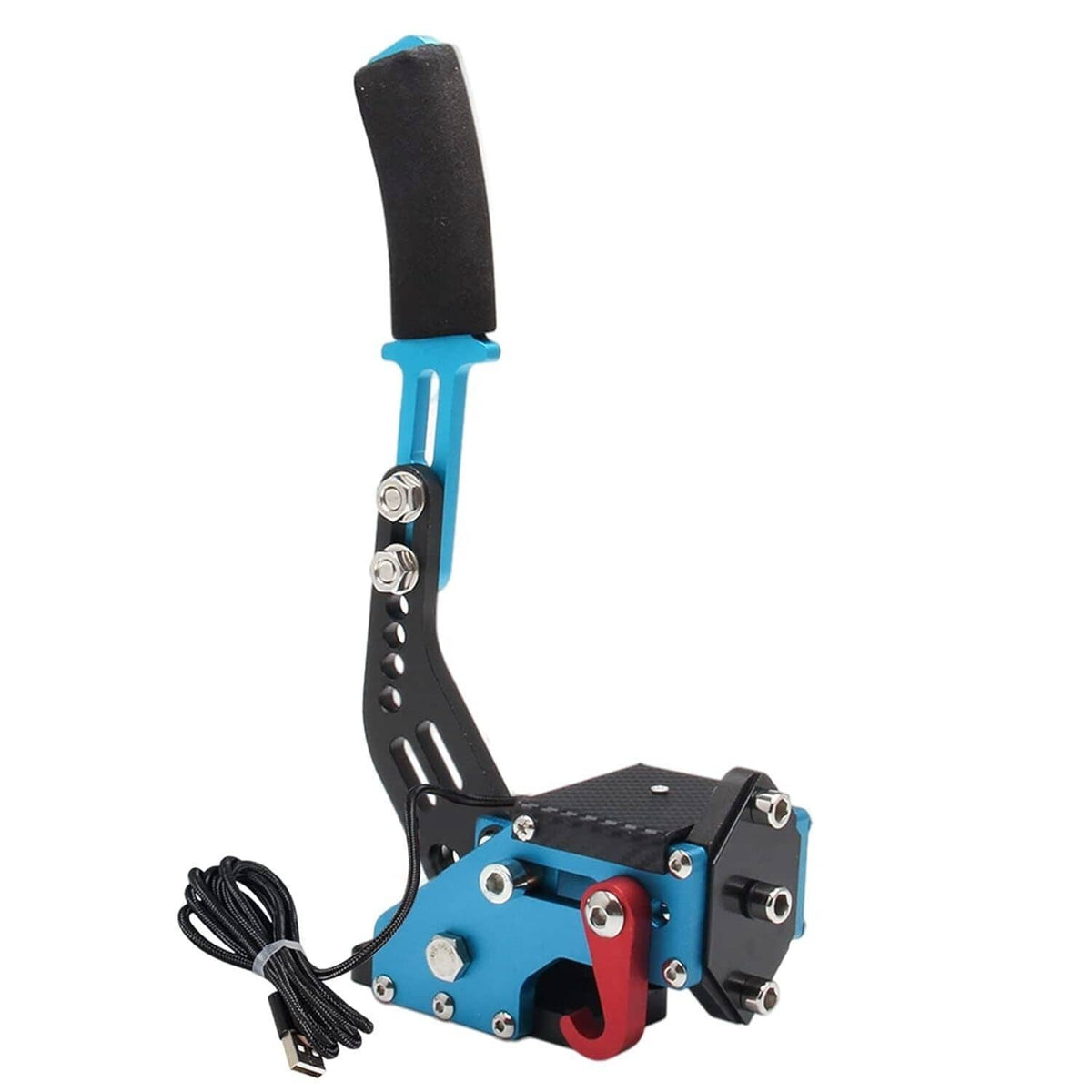 Complete racing handbrake controller with blue metal body, black frame, and cable