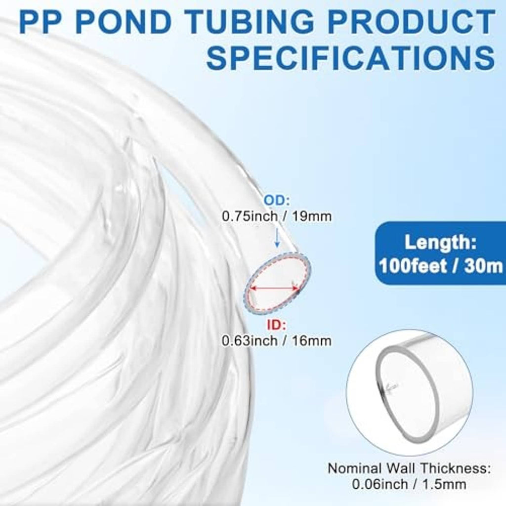 Clear vinyl tubing, 0.63 in ID x 0.75 in OD, 100 ft length, 0.06 in wall.