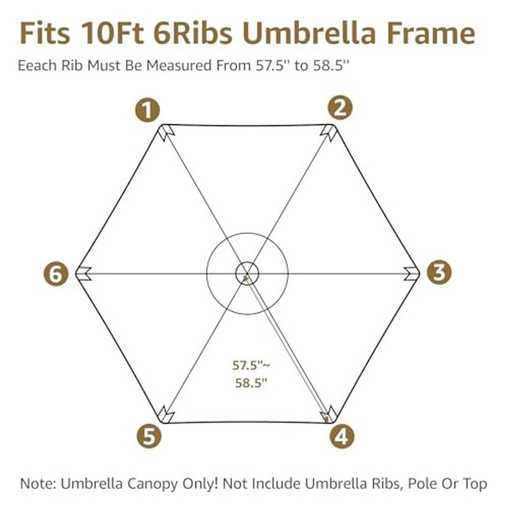 Diagram showing replacement canopy fit for 10ft six-rib umbrella frame