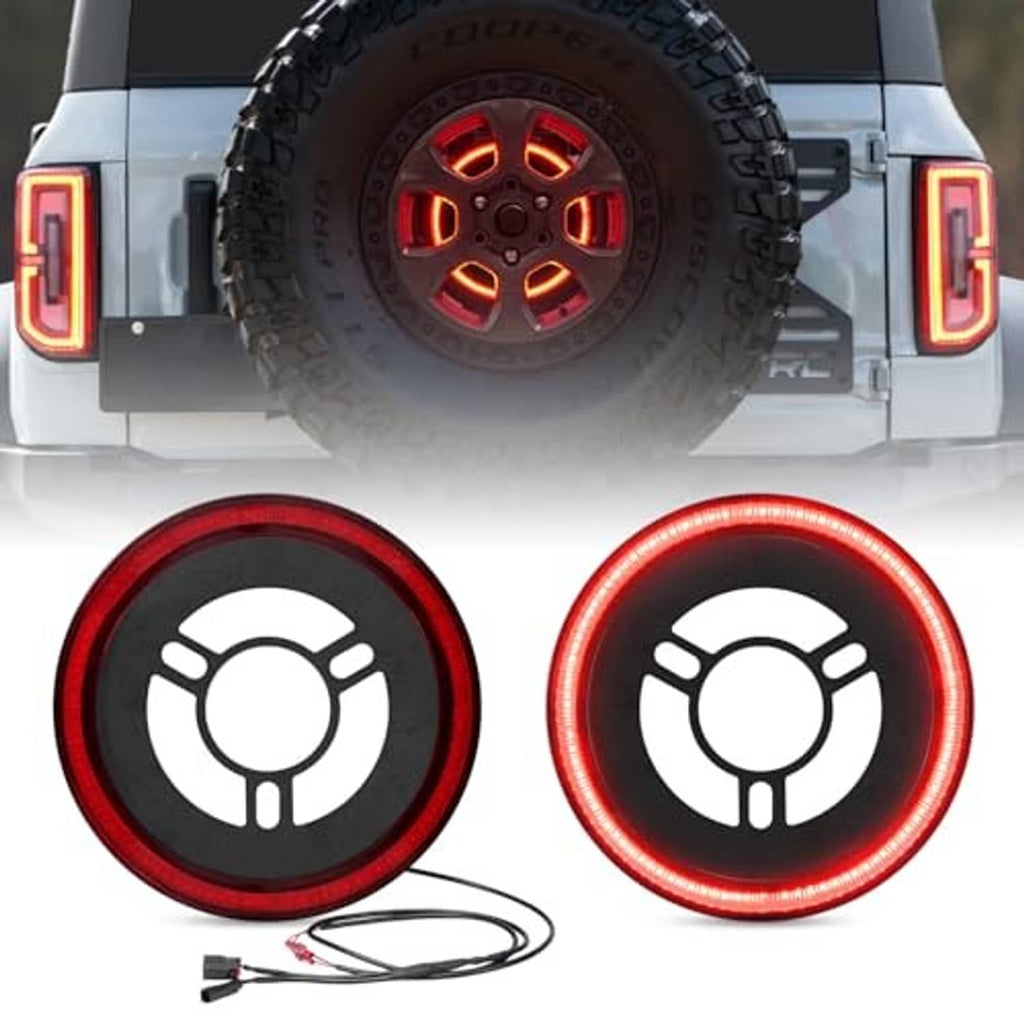 Pair of spare tire brake light lenses with red LED rings and wiring for spare-tire mount