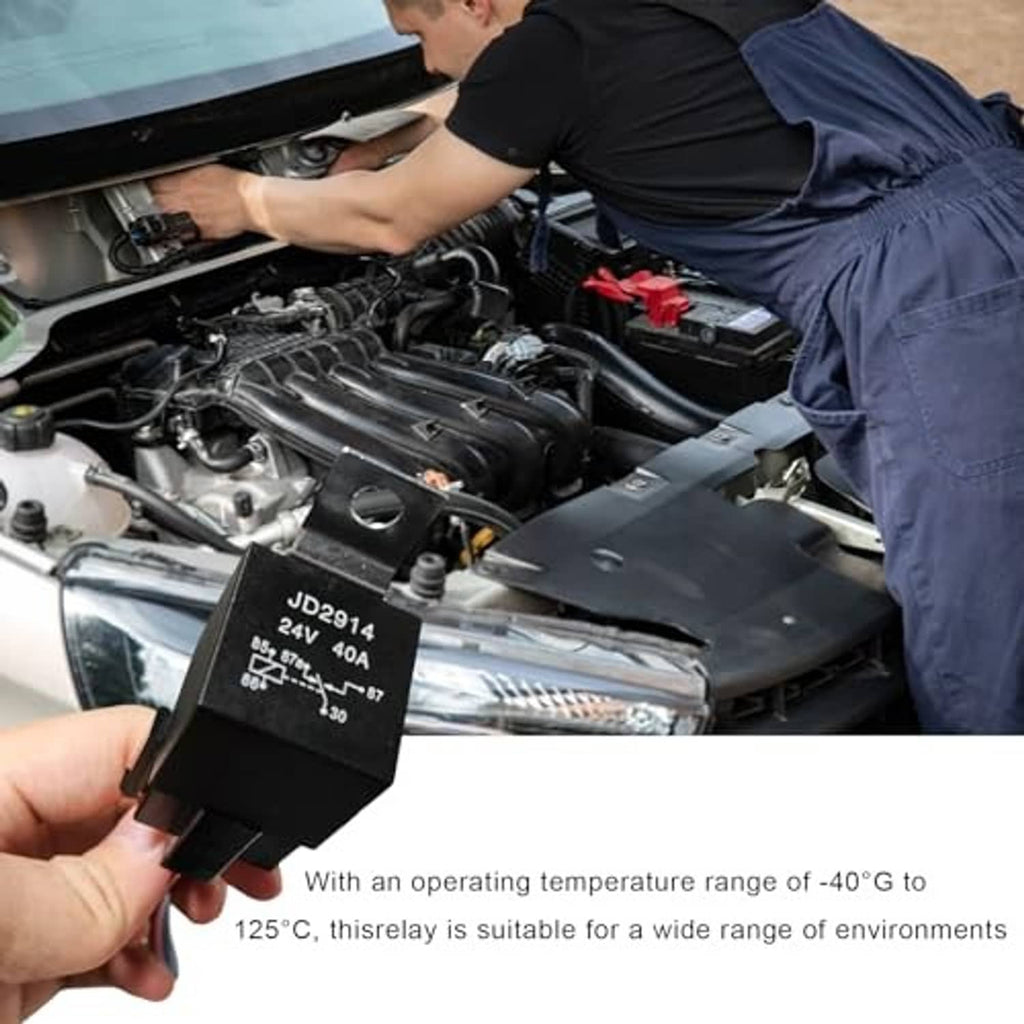 24V automotive relay module with mounting base and prewired terminals, held for installation