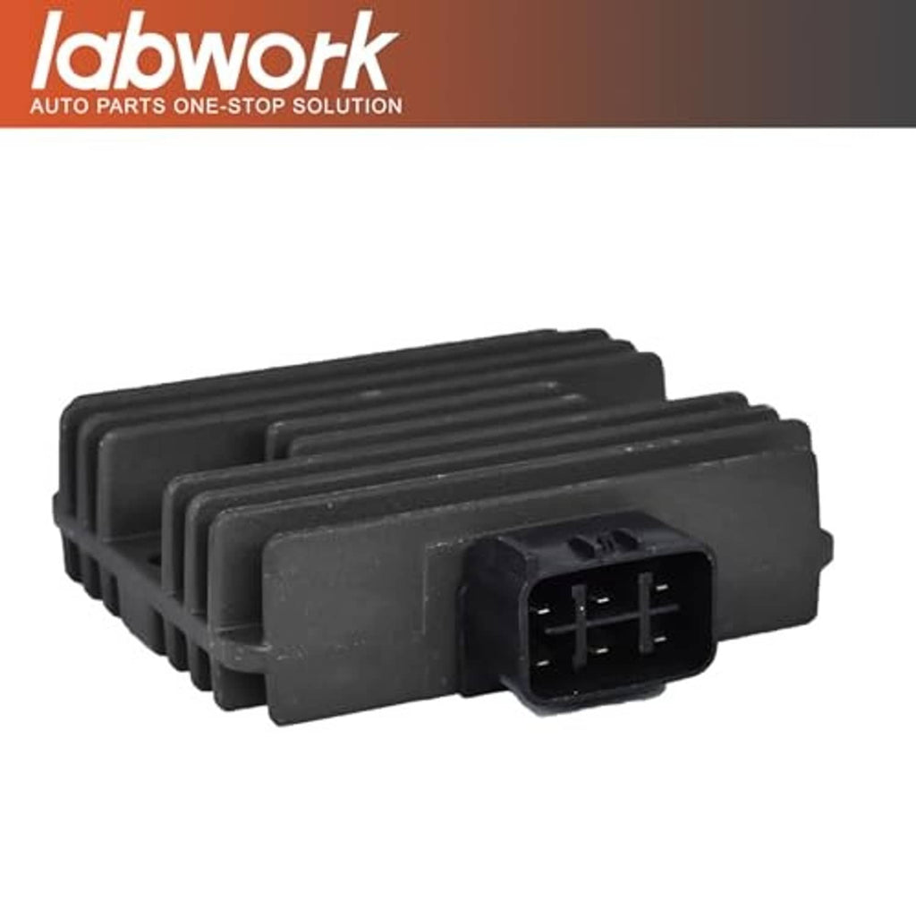 Black voltage regulator rectifier with connector plug and stacked cooling fins
