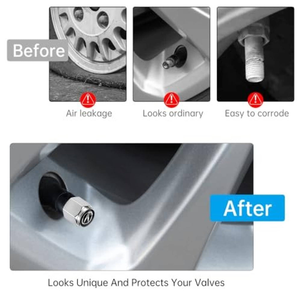 Silver tire valve stem cap with black top and white emblem, protects valve area