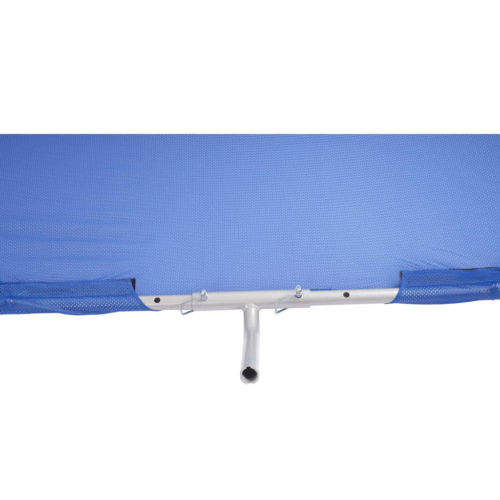 Blue boat sun shade with silver frame bar and mounting clips across top edge