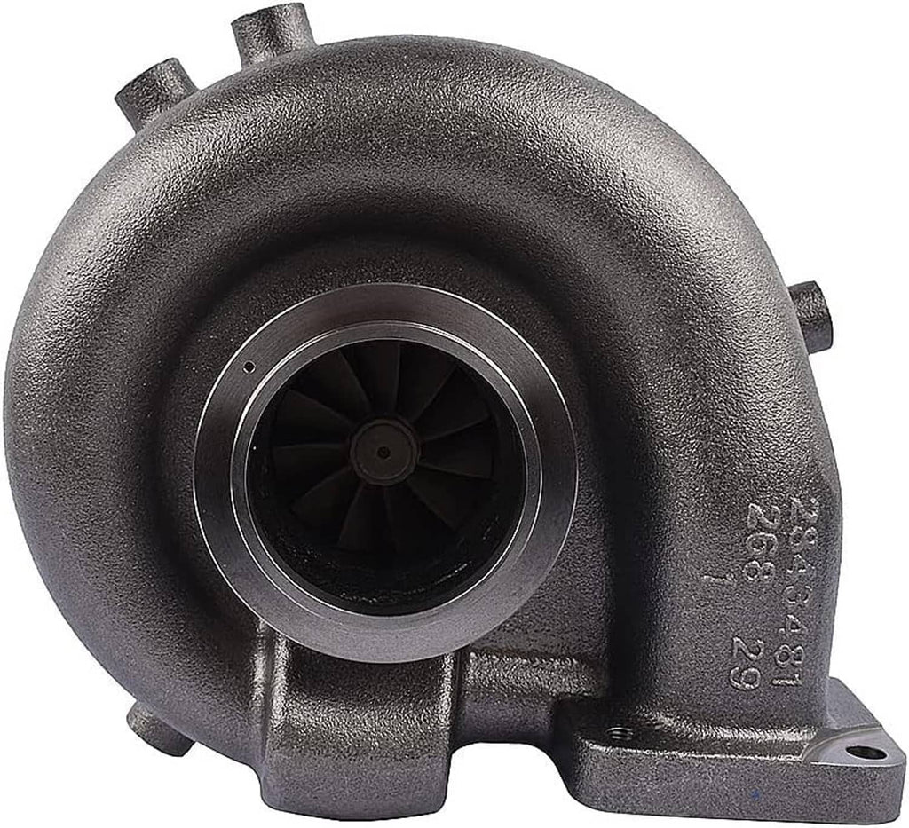 Turbocharger rear housing view with cast elbow and wheel inlet opening