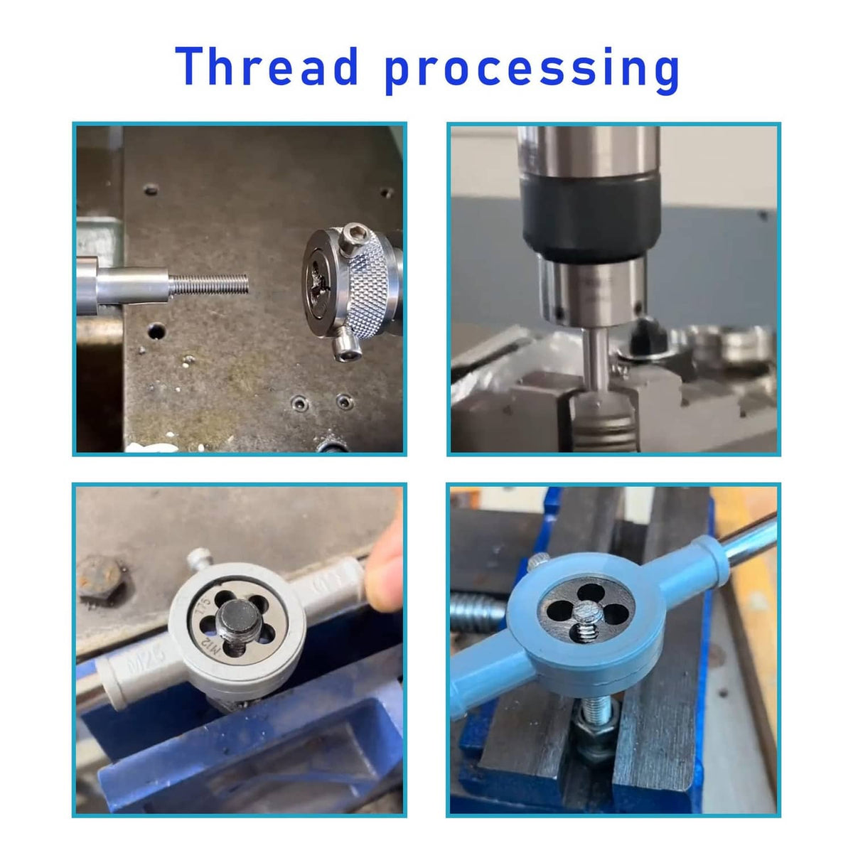 Thread processing clips showing threading die machining a metal rod on a workbench