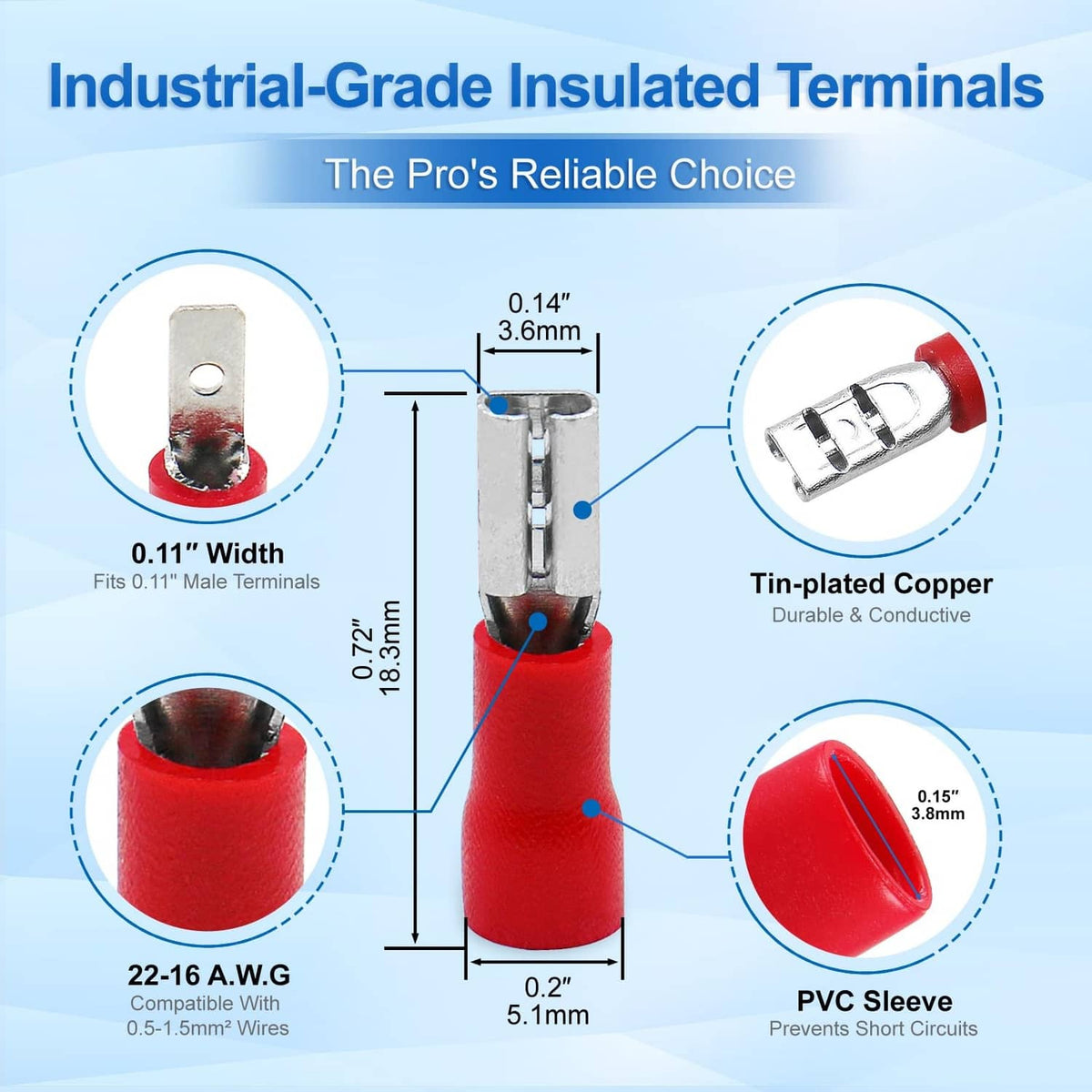 Red insulated female crimp terminal diagram with tin-plated metal contact and PVC sleeve