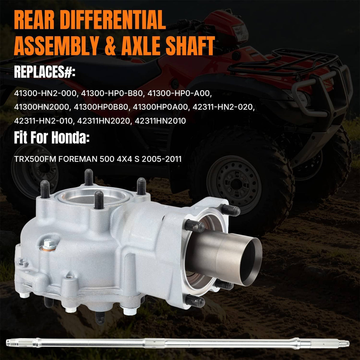 Rear differential axle assembly with long axle shaft and metal housing, silver