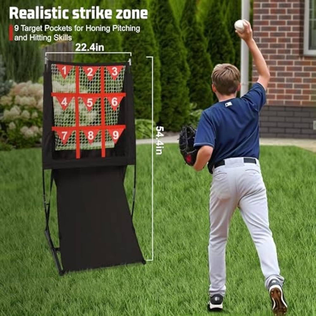 Black pitching practice net with red strike-zone pockets numbered 1 to 9