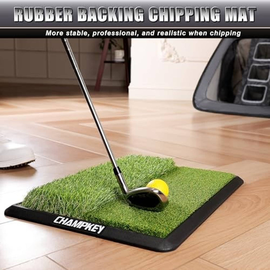 Golf chipping mat with green turf top and black rubber backing, with club