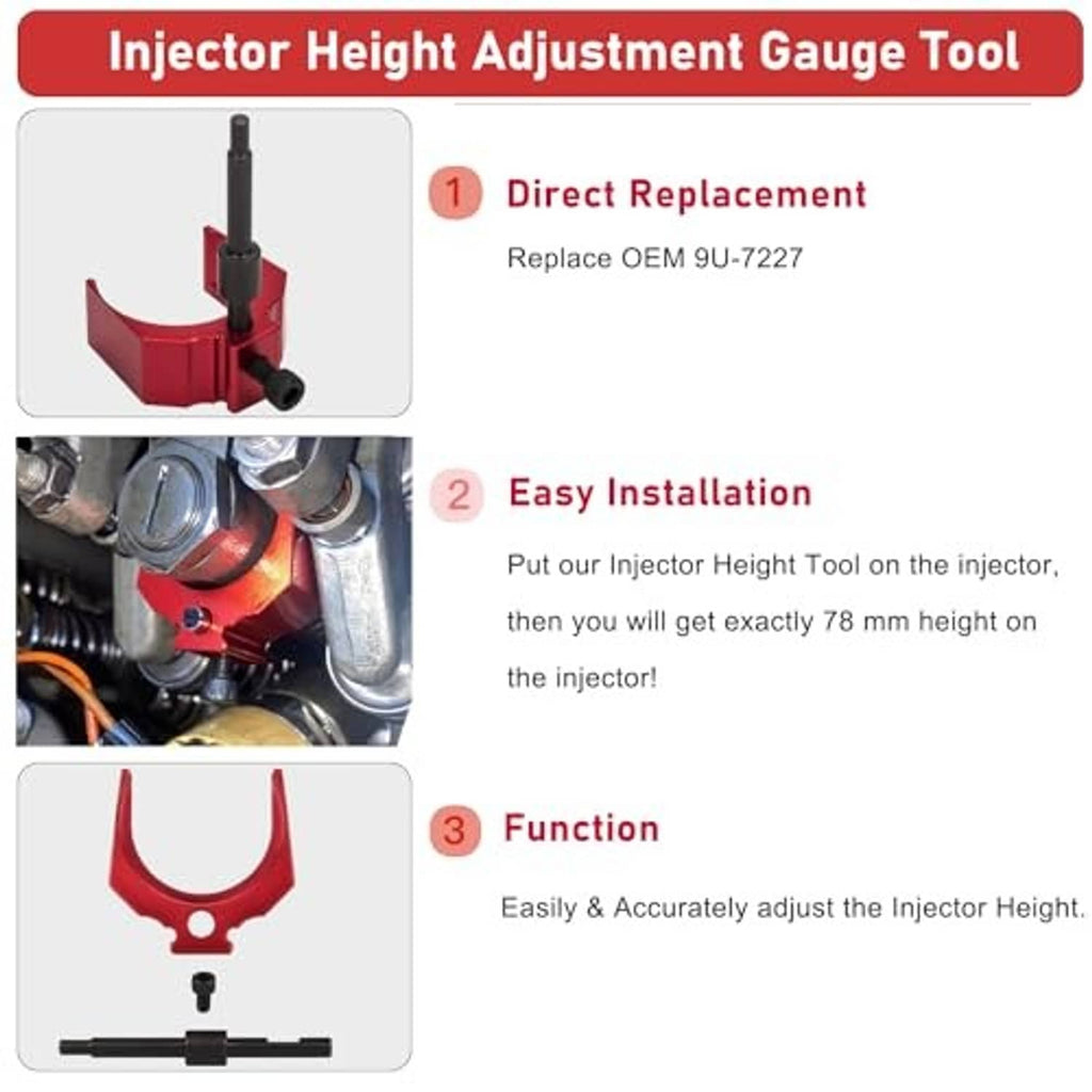 Injector height adjustment gauge tool with red bracket and black components
