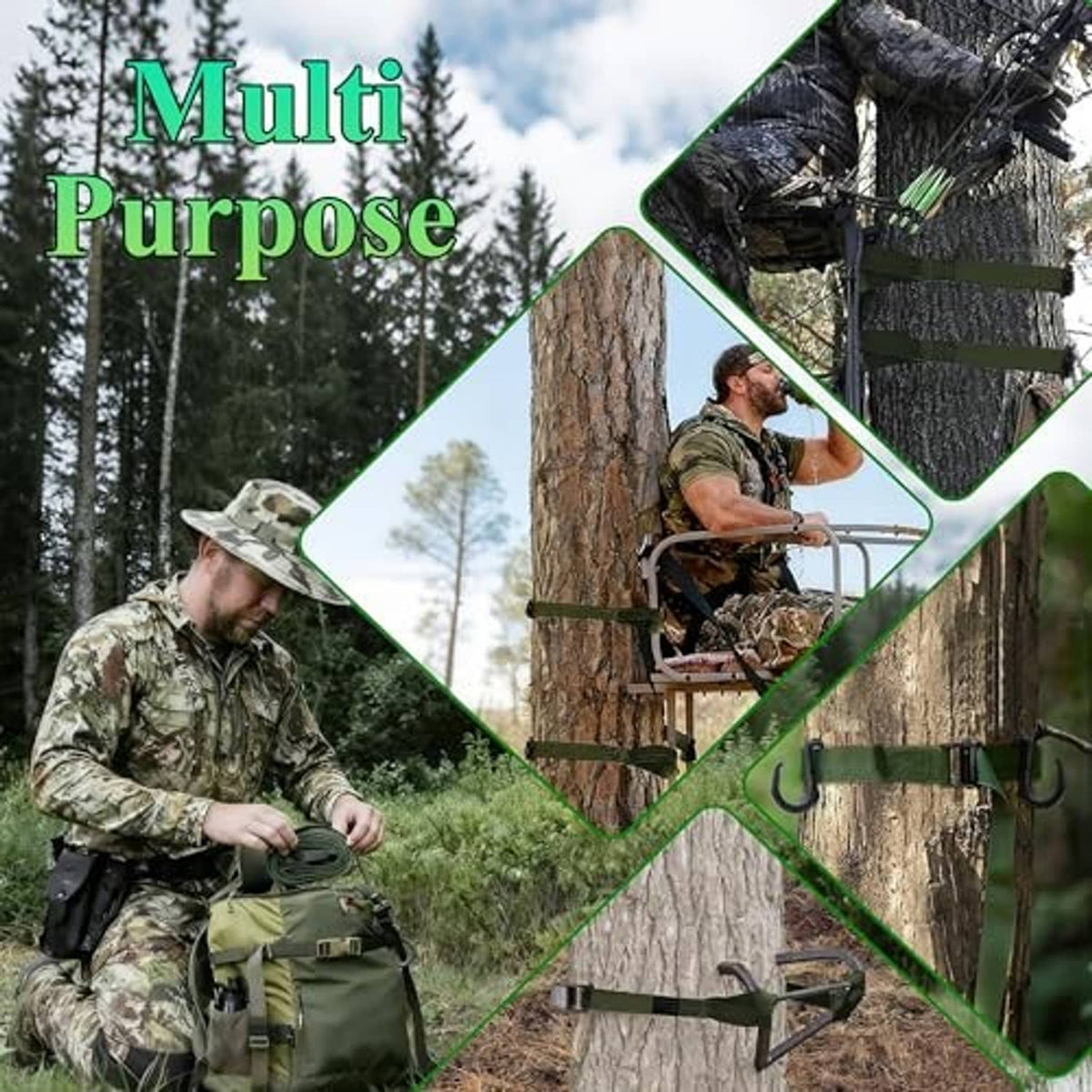 Green webbing straps with metal support bar for tree stand stabilization