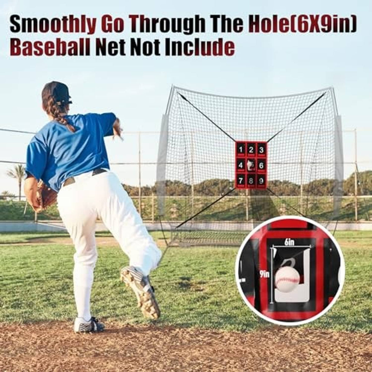 Baseball training strike zone net with red frame, black 1–9 target squares