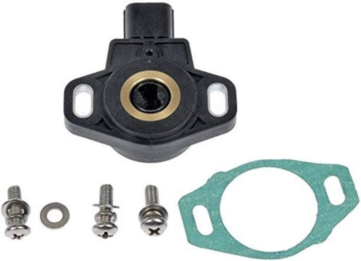 Throttle position sensor front with gold pin insert, black body, screws and green gasket