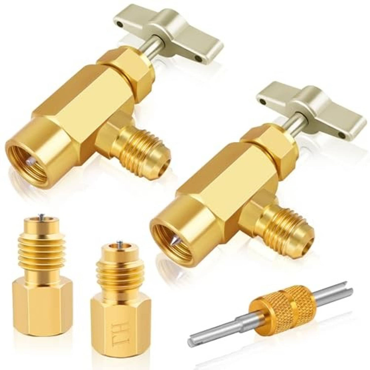 Brass self-sealing can tap adapter set with clamp and threaded outlet ports