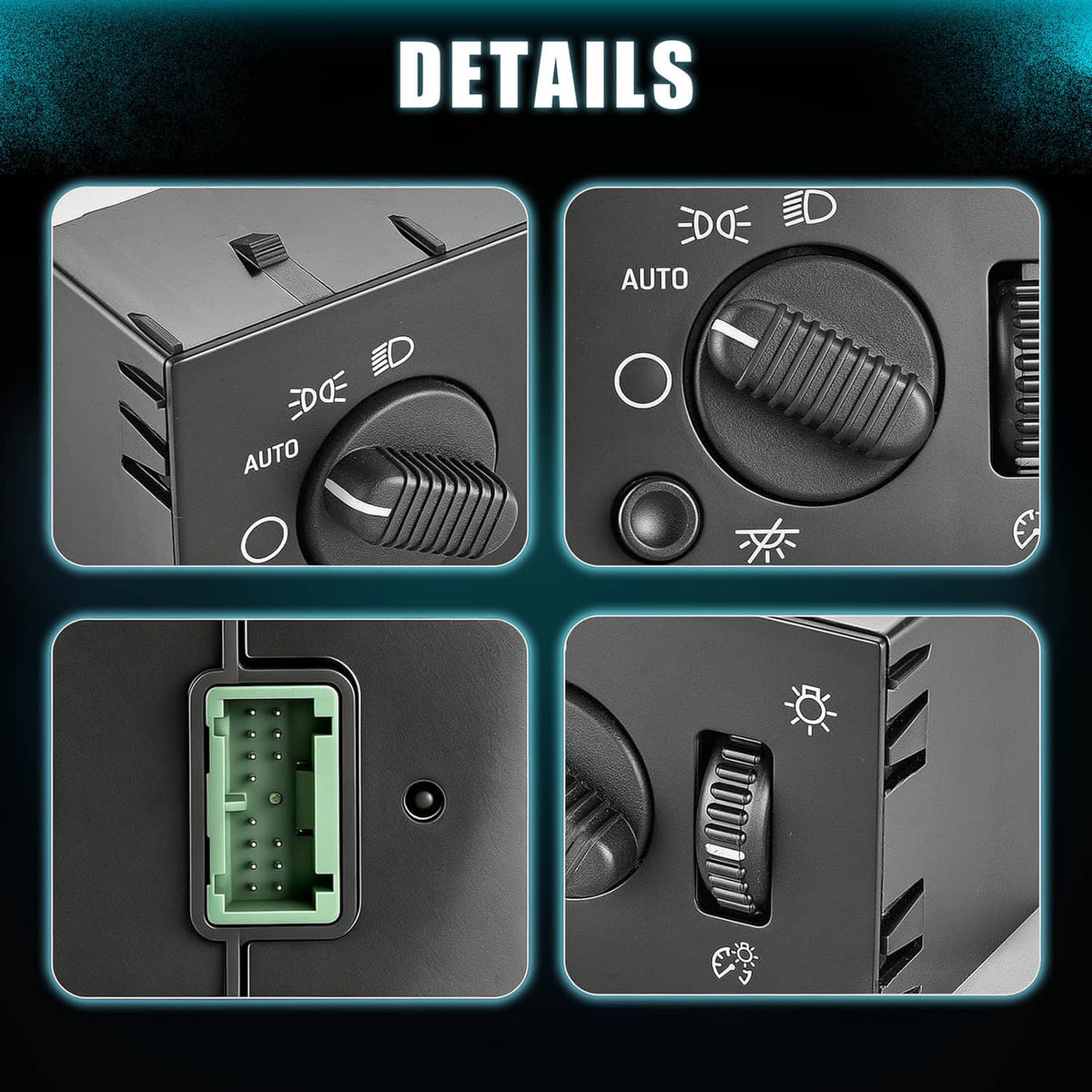 Black headlight switch with AUTO dial, icons, and side dimmer bar