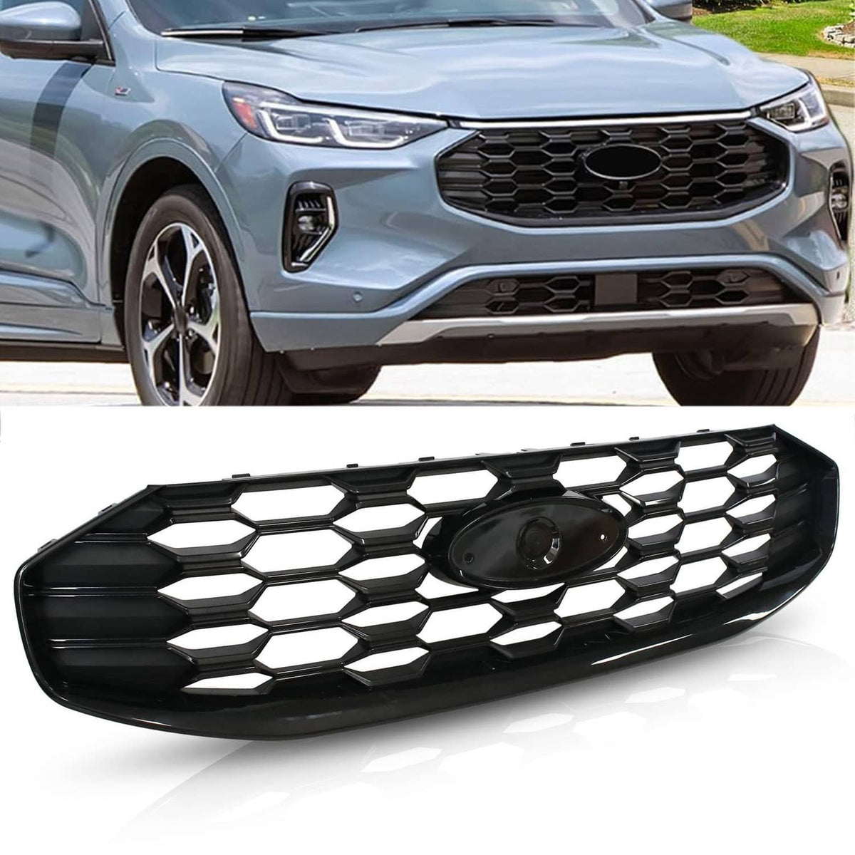 Black front grille with hex honeycomb pattern and center emblem opening