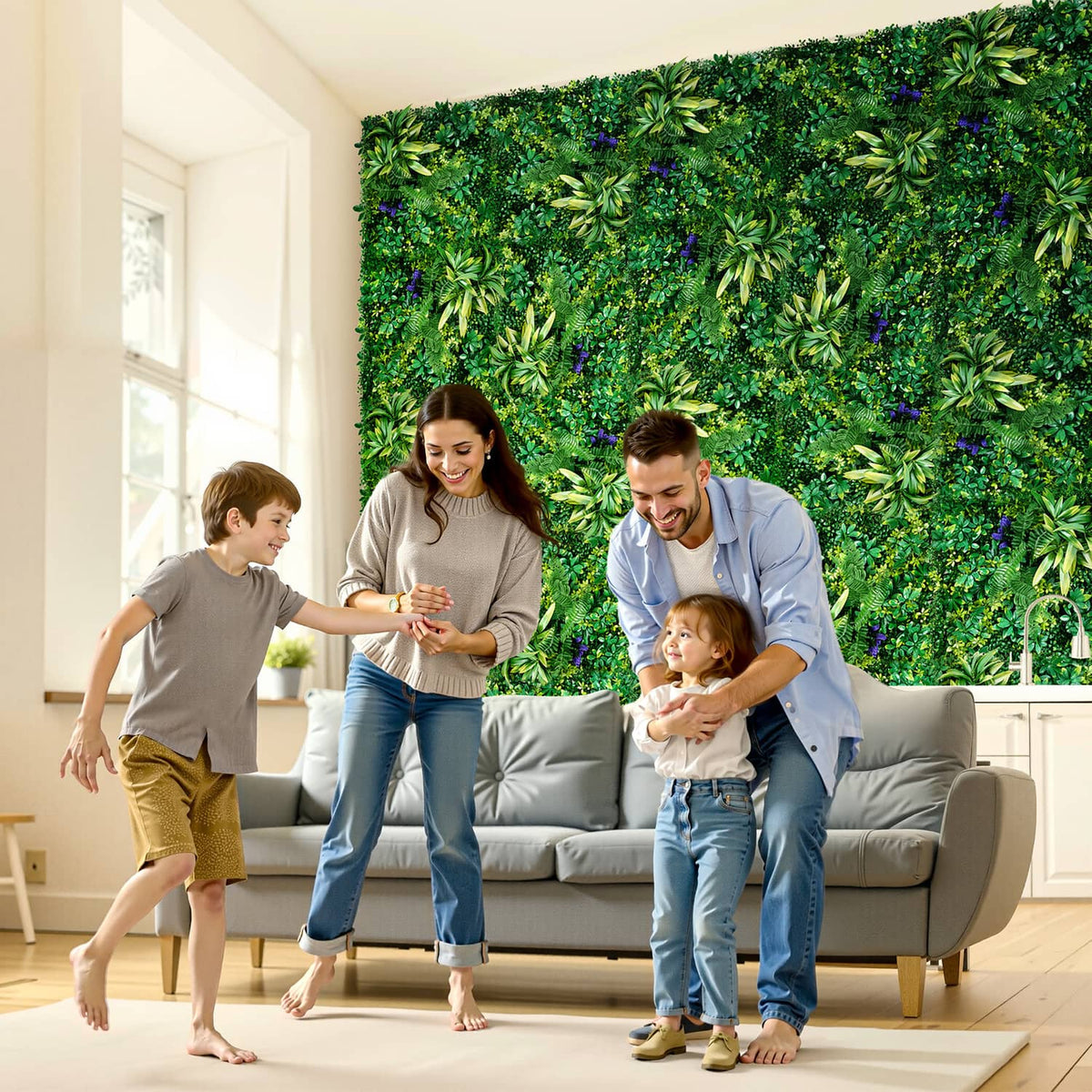 3D artificial greenery wall panels covering an indoor wall, green layered leaf look
