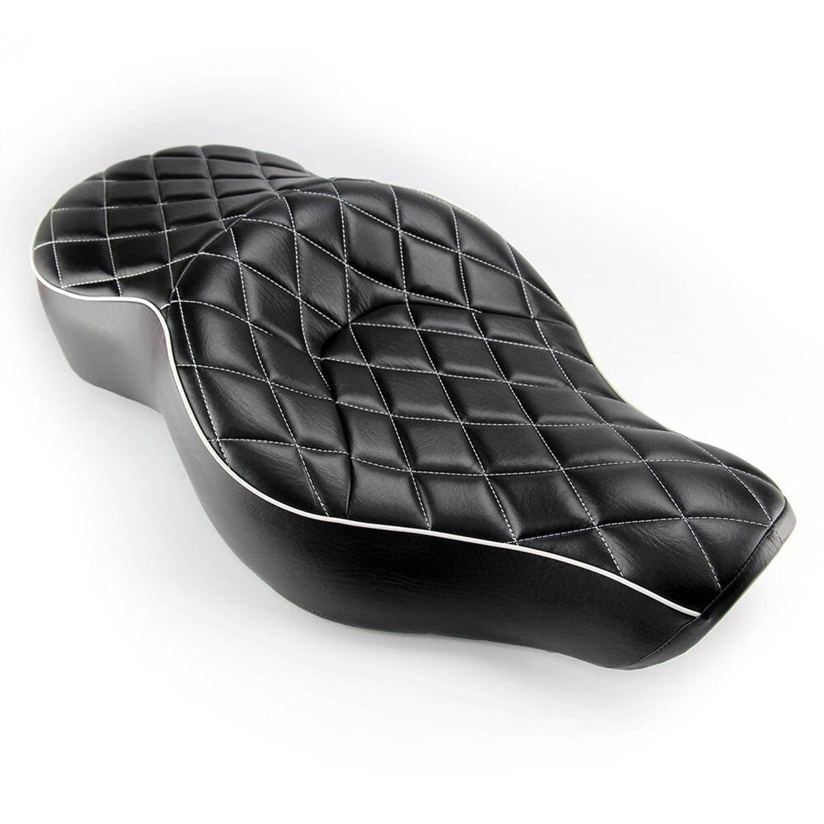 Black two-up motorcycle seat cushion with white-stitched piping and diamond grid quilting