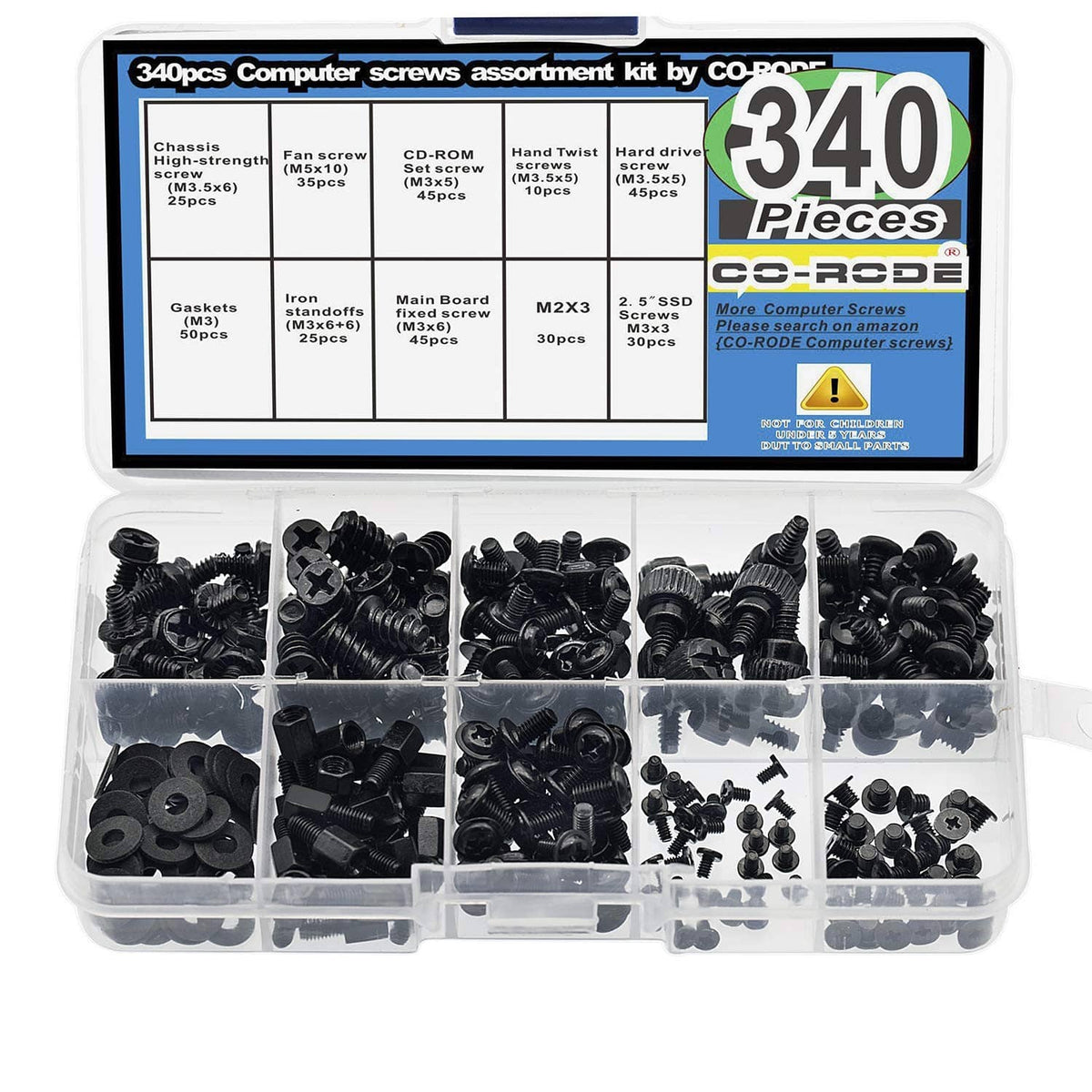 Computer standoff and screw assortment kit, 340-piece box with compartmented screws