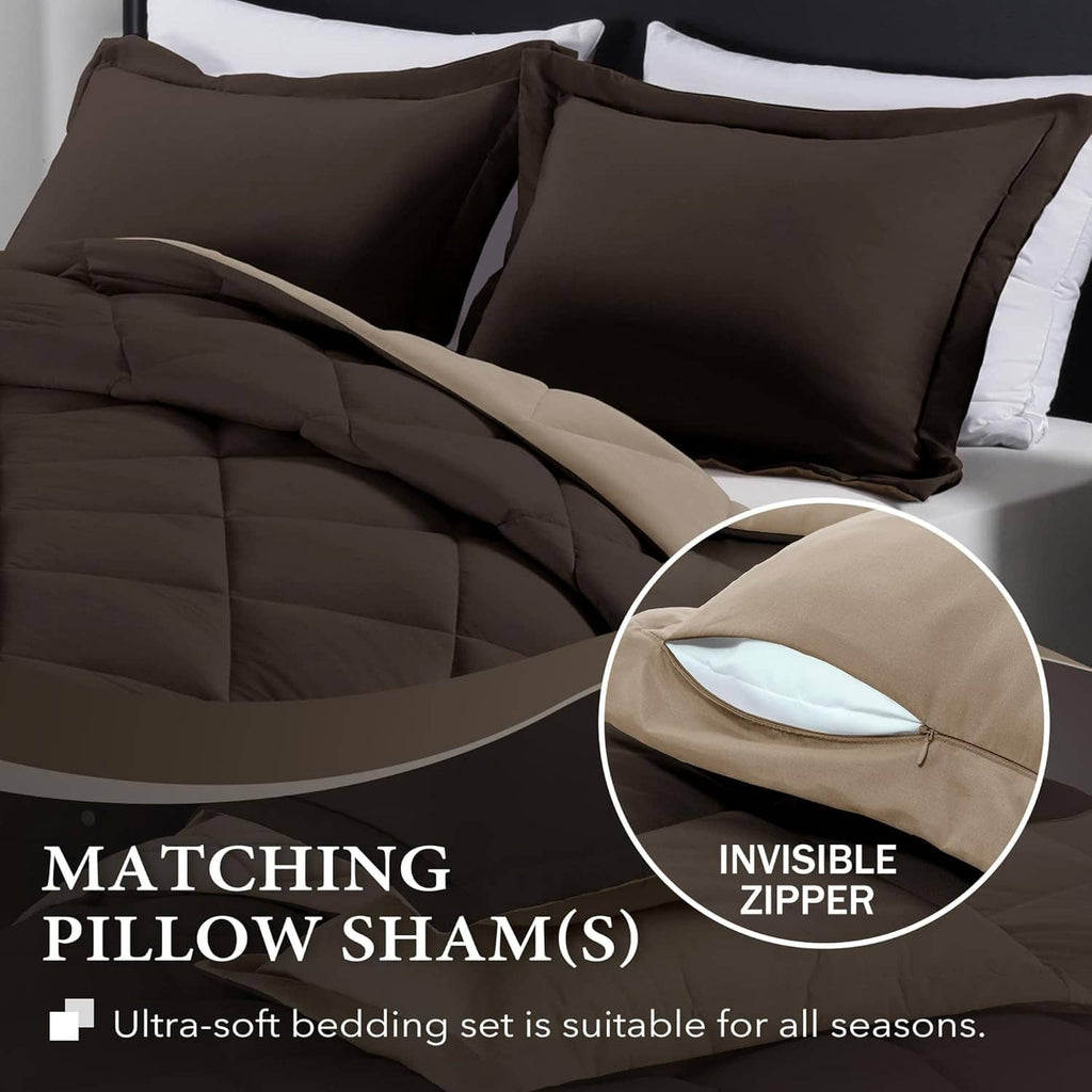 Quilted comforter with pillow shams and close-up of invisible zipper seam