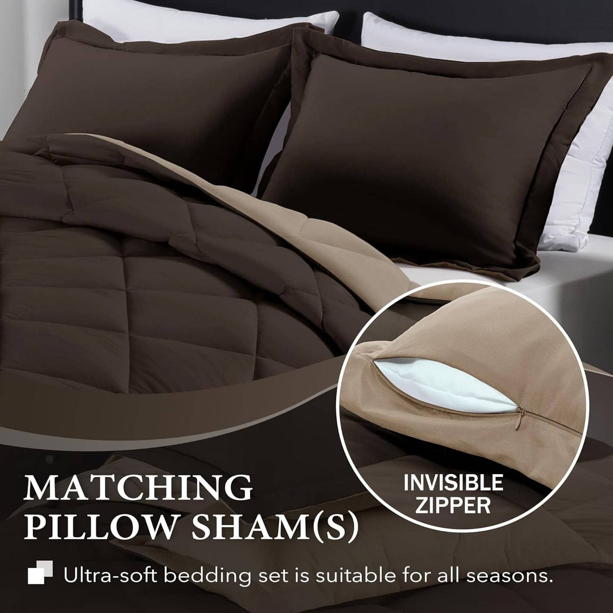 Quilted comforter with pillow shams and close-up of invisible zipper seam