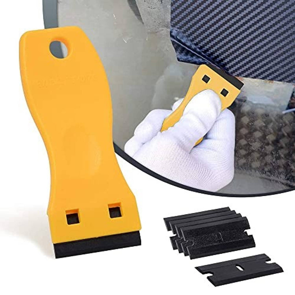 Yellow wrap tool holder with foam pad and black edge guard scraper pieces