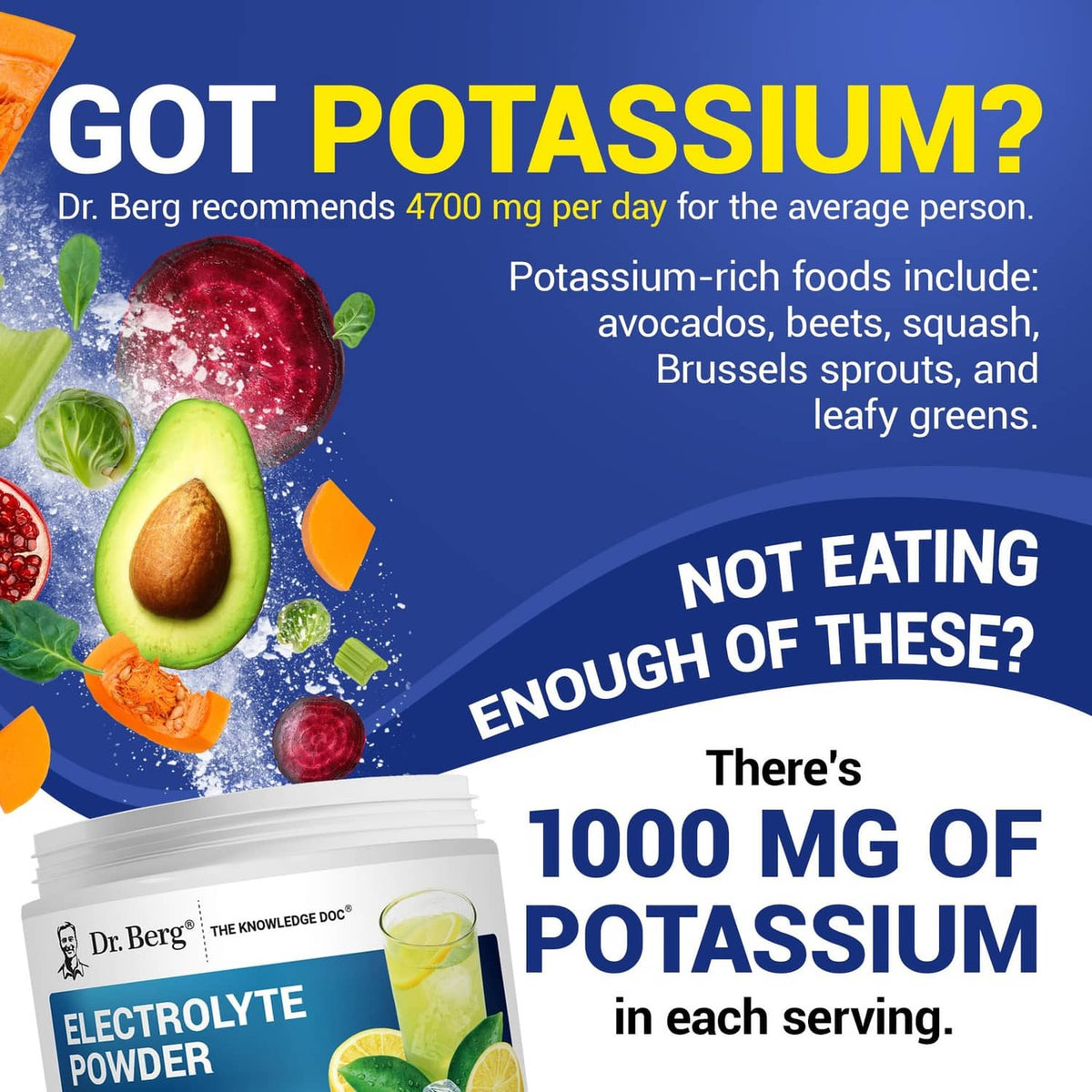 Dr. Berg electrolyte powder tub with potassium 1000 mg per serving graphic